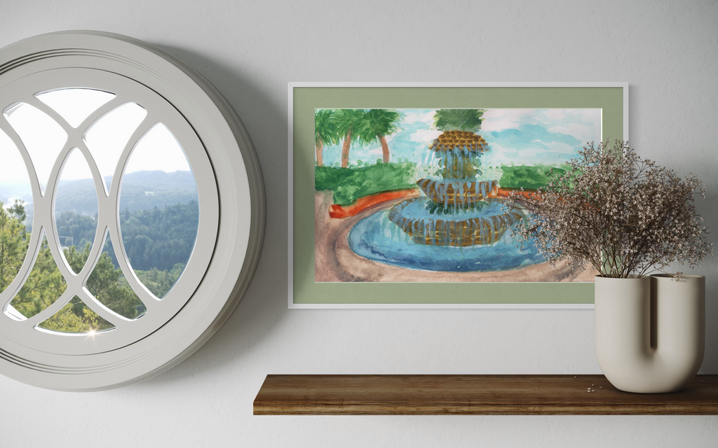 Charleston Pineapple Fountain Watercolor Print