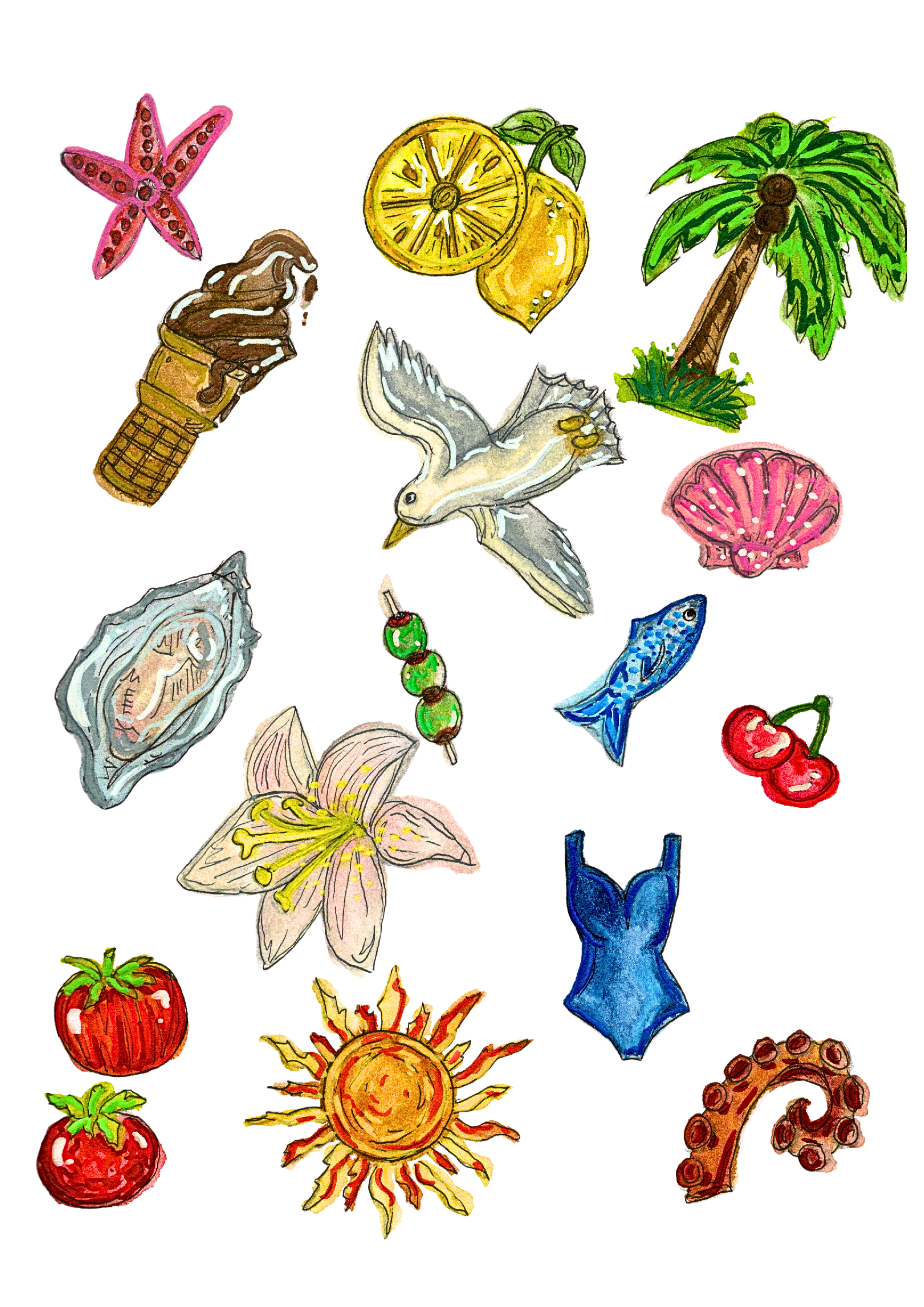 Summer Watercolor Sticker Sheet | Coastal & Beach Illustrated Vinyl Stickers