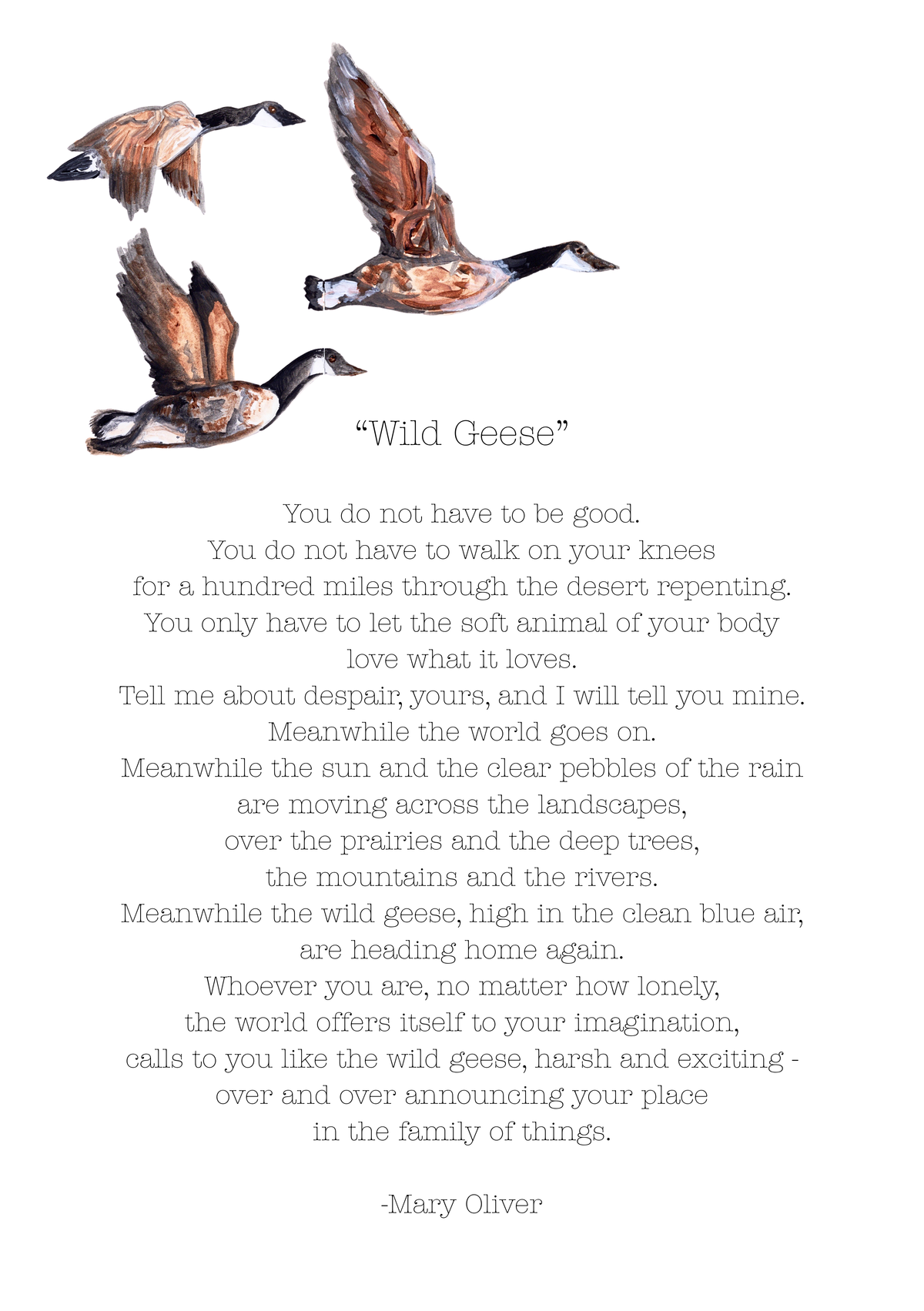 Wild Geese poem art print with watercolor Canada geese illustration by Mary Oliver