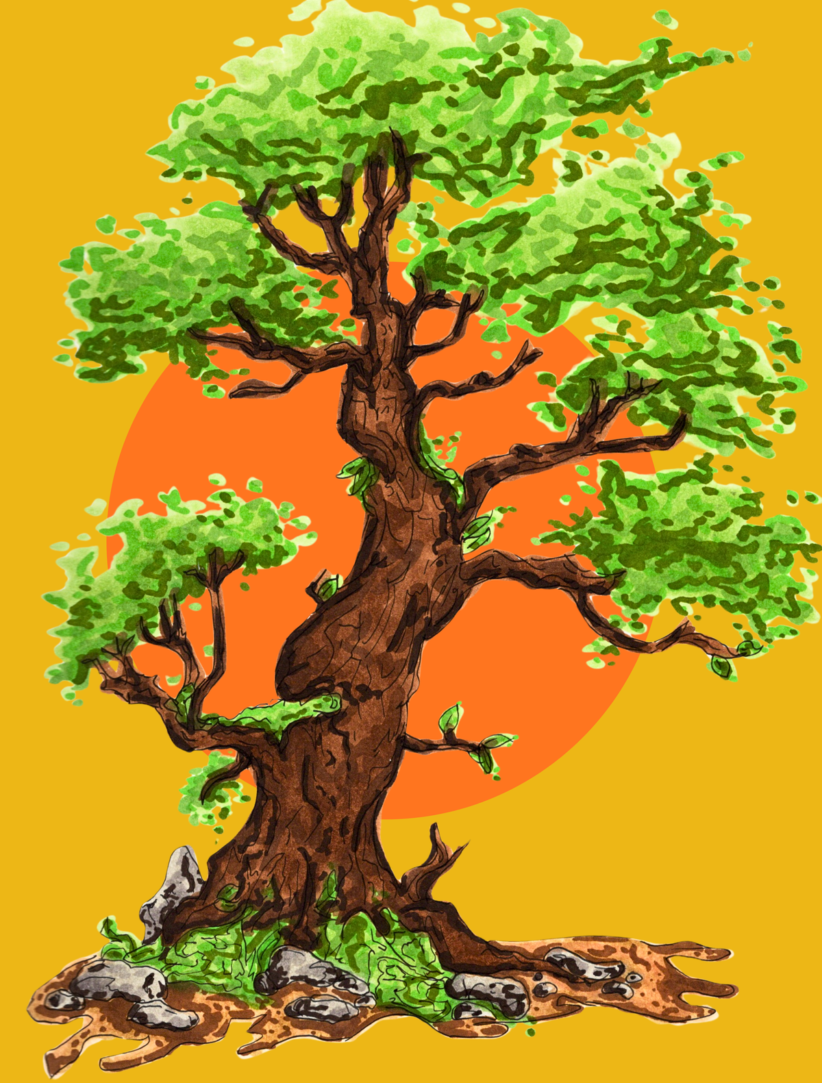Colorful alcohol marker illustration of a bonsai tree with green foliage, an orange sun, and a golden yellow background