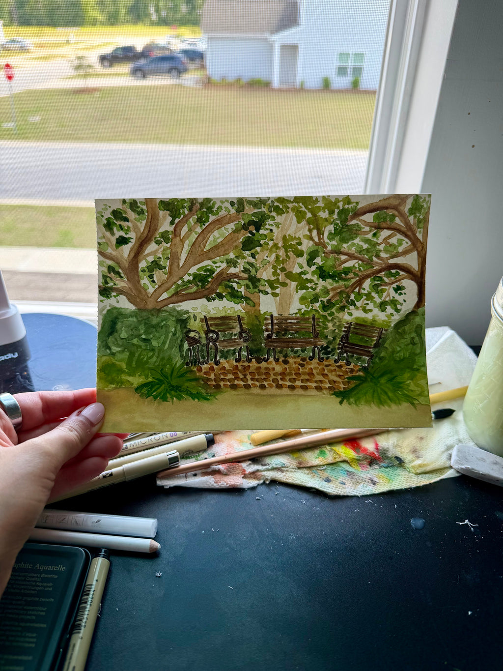 Hampton Park Benches Watercolor Print