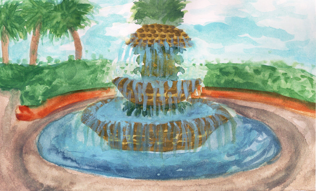 Charleston Pineapple Fountain Watercolor Print