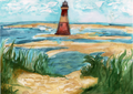Painting of a lighthouse on a beach with grass and water.