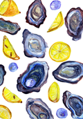 Watercolor art print featuring oysters and lemon slices on a white background
