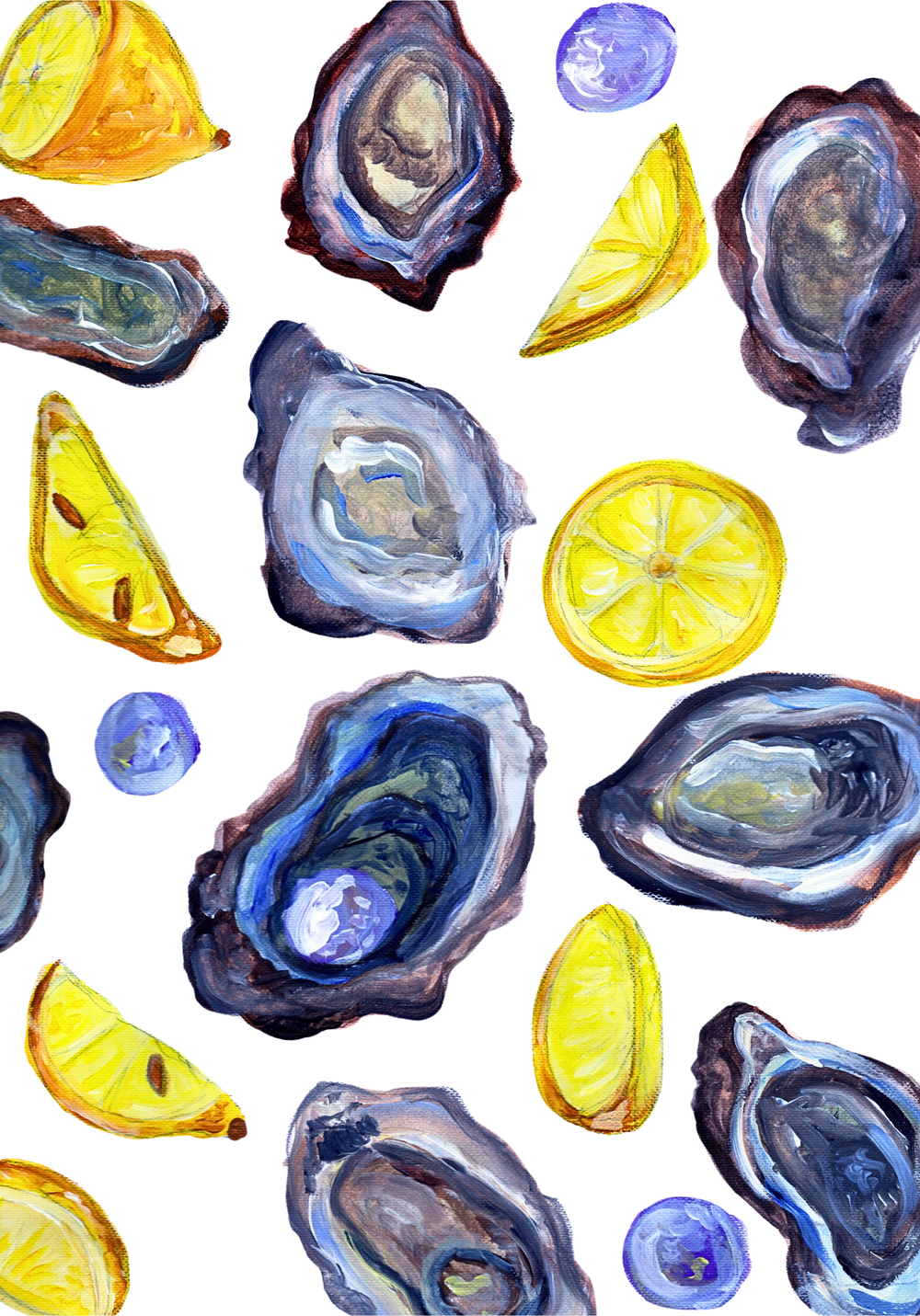 Watercolor art print featuring oysters and lemon slices on a white background