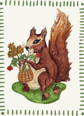 Alcohol marker illustration of a brown squirrel holding a basket of yellow flowers, with acorns and a green border.
