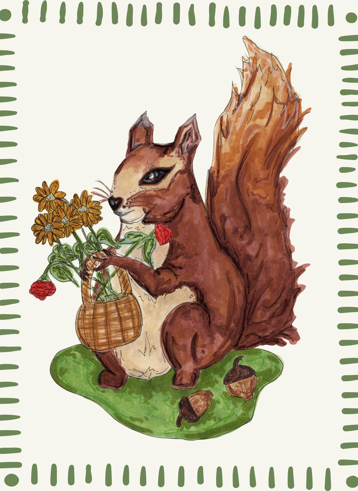 Alcohol marker illustration of a brown squirrel holding a basket of yellow flowers, with acorns and a green border.
