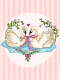 Alcohol-marker illustration of two swans with a pink ribbon on blue water, surrounded by flowers against pink stripes.