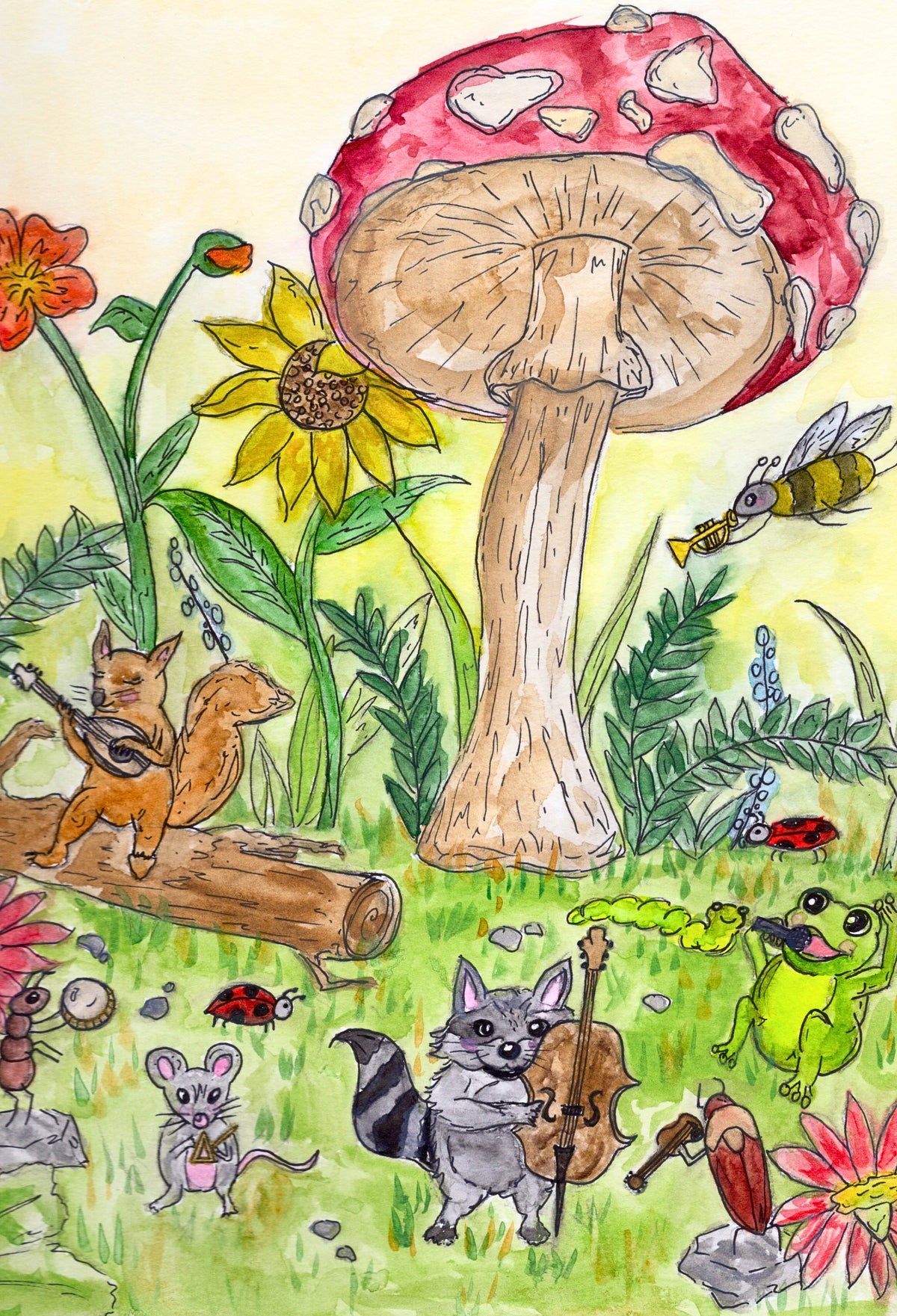 Whimsical watercolor illustration of woodland animals playing instruments under a giant red mushroom by Riley Nicole Art